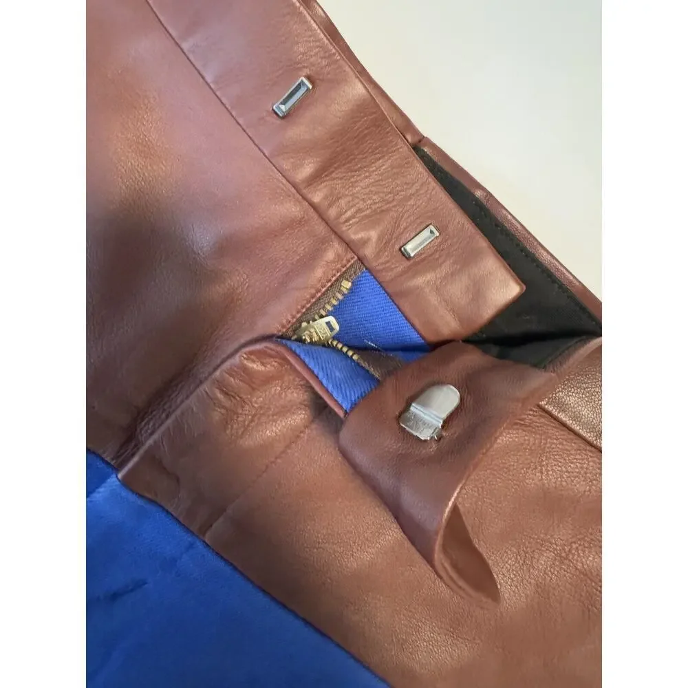 SCYE Midi Skirt 38 Blue Stretch Brown Leather Pencil Lined With Pockets Japan - Picture 10 of 13